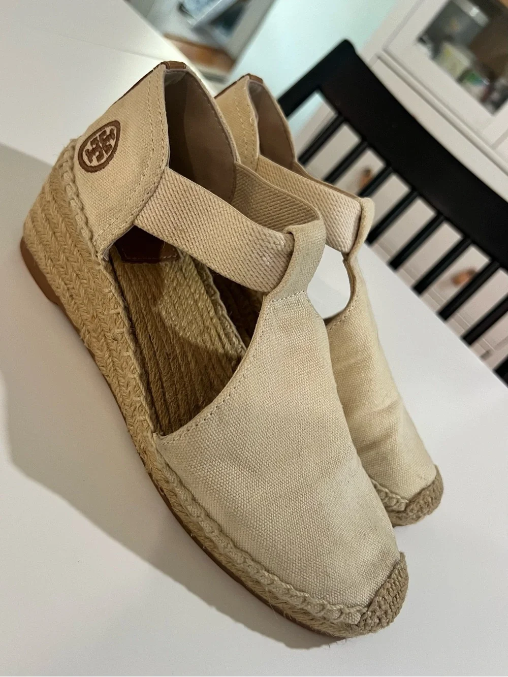 🌊✨ Tory Burch Catalina 3 Beige Canvas Espadrille Wedge Sandals Size 7 - Picture 8 of 10